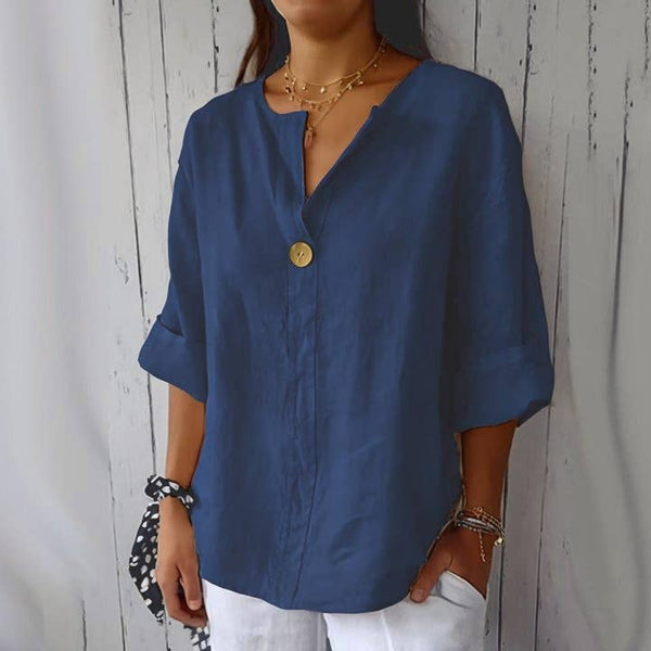 Women's V-neck Button-down T-shirt: Red / M