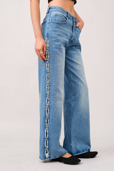 23423P - Pearl Embellished Cut Out Sides Jeans: MED WASH / L