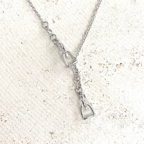 Equestrian jewelry  Y style horse bit stirrup necklace : Silver