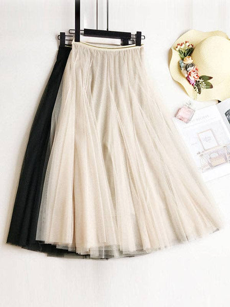 Solid Color Loose Elastic-Waist Mesh Skirt: BLACK / FREE SIZE