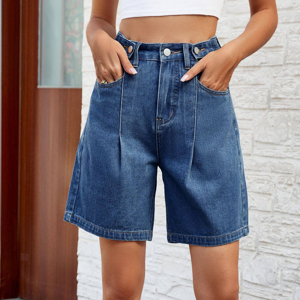 Denim High Waist Button Detail Shorts: Blue / S