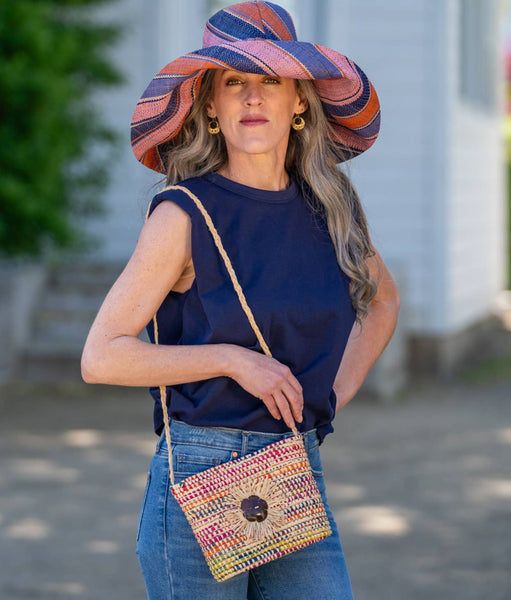 Crochet Straw Crossbody Bag with Flower