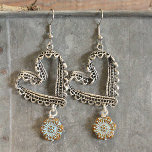 Czech Flower Silver Heart Earrings