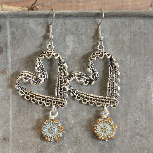 Czech Flower Silver Heart Earrings