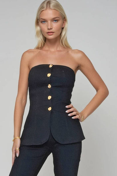 STRAPLESS GOLD BUTTON DENIM PEPLUM TOP W1515TIA MID DEN
: MID DENIM / M