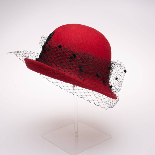 400802 Veil Cloche Wool Felt Women's Dress Hats: RED/BLACK / Felt