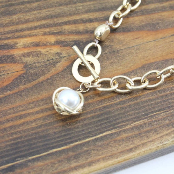 N20116 Pearl Ball Chain Link Collar Toggle Necklace: 01 GD