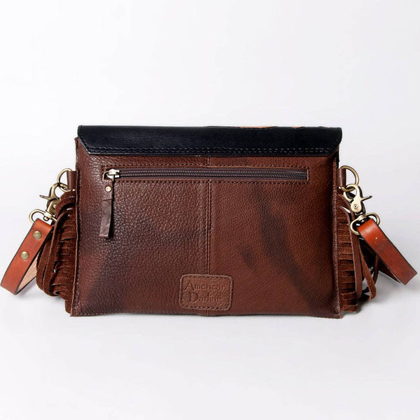 LC-ADBGA162 Black & Brown Tooled Leather Floral Fringe Crossbody Bag with Scalloped Flap