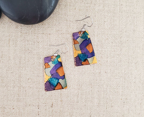 Alcohol Ink Small Trapezoid Earrings: Blue/Browns