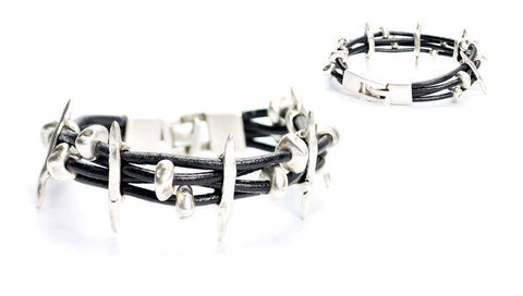 1930 Genuine leather, pewter, silver plated bracelet: Black / Woman