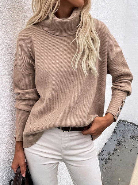 Casual Loose Solid Color High-Neck Long Sleeves Knitwear: WHITE / S