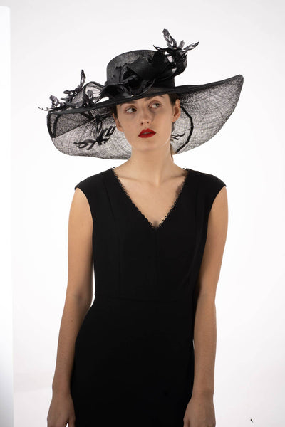 AJ599S Embellished Feather Twist Bow Wide Brim Sinamay: BLACK