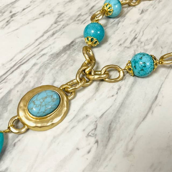 Large Stone Pendant Drop with Stone & Gold Hammered Links: Tiger's Eye