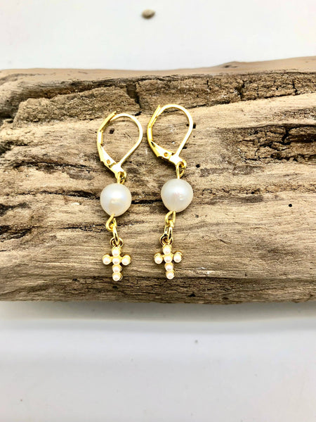 Earring Freshwater Pearl w/Glass Pearl Cross Drop FrenchHook