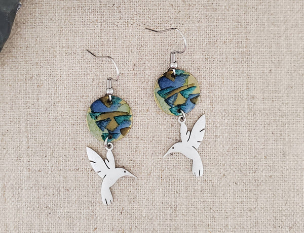 Alcohol Ink Stainless Steel Hummingbird Drop   Earrings: Pinks