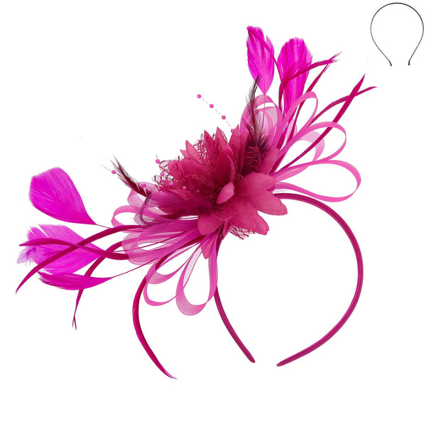 Floral Fascinator Headband w/ Side Loops & Feathers: White