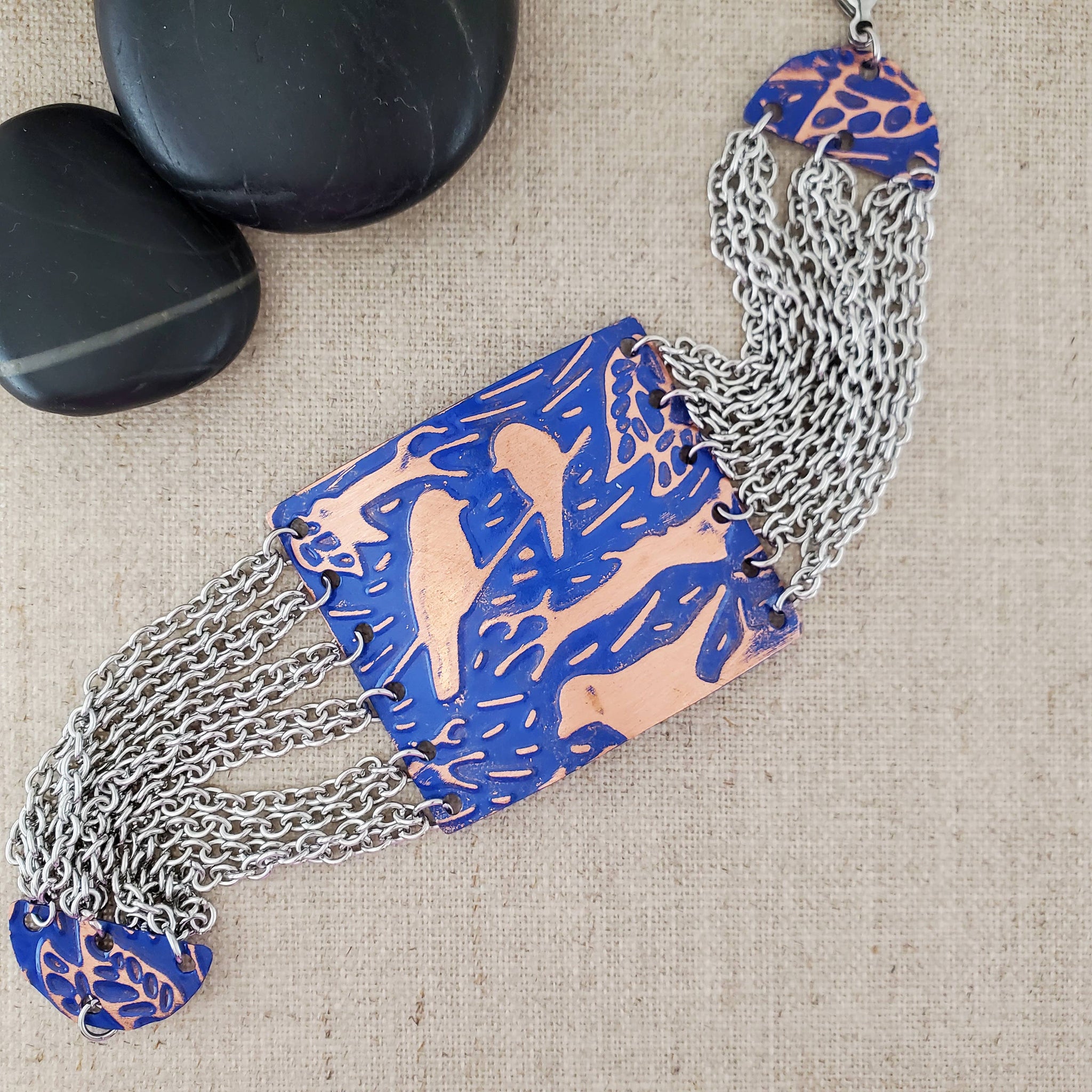 Embossed Bird Paint Patina Multi Chain Copper Bracelet: Navy