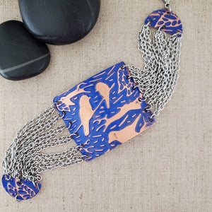Embossed Bird Paint Patina Multi Chain Copper Bracelet: Navy