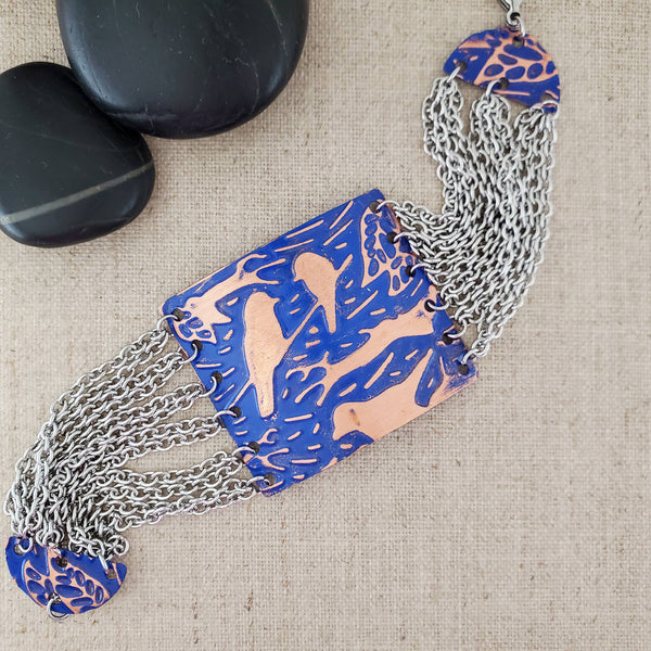 Embossed Bird Paint Patina Multi Chain Copper Bracelet: Navy