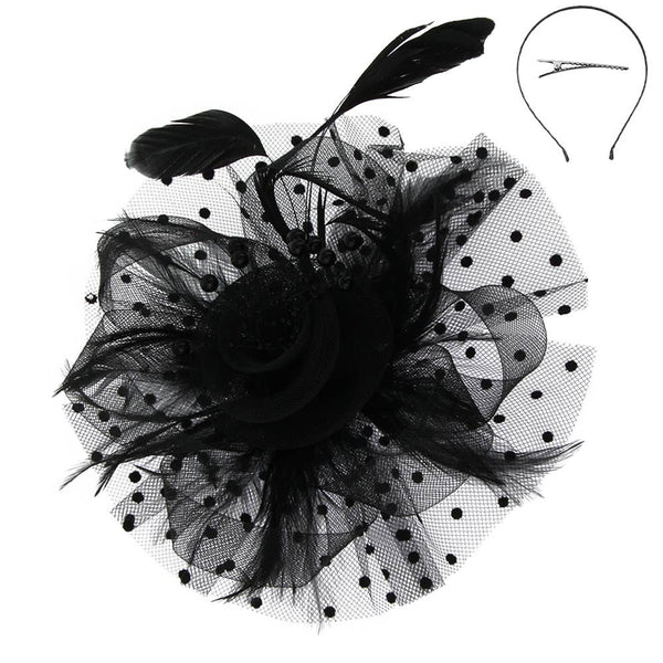 Organza Ribbon Flower Fascinator w/ Feathers & Dotted Mesh: White