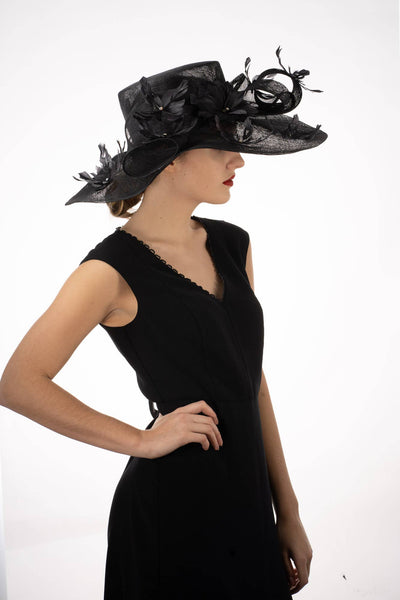 AJ599S Embellished Feather Twist Bow Wide Brim Sinamay: BLACK