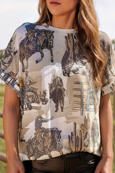 Cowboy Print Cuffed Sleeve T Shirt