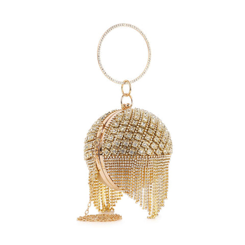 Gold Rhinestone Fringe Accented Evening Bag