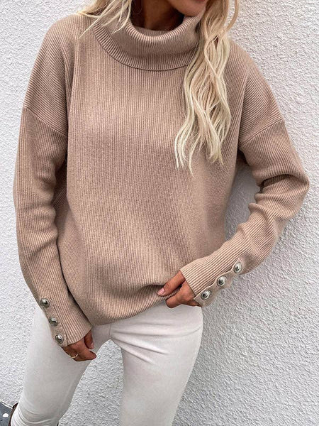 Casual Loose Solid Color High-Neck Long Sleeves Knitwear: WHITE / S