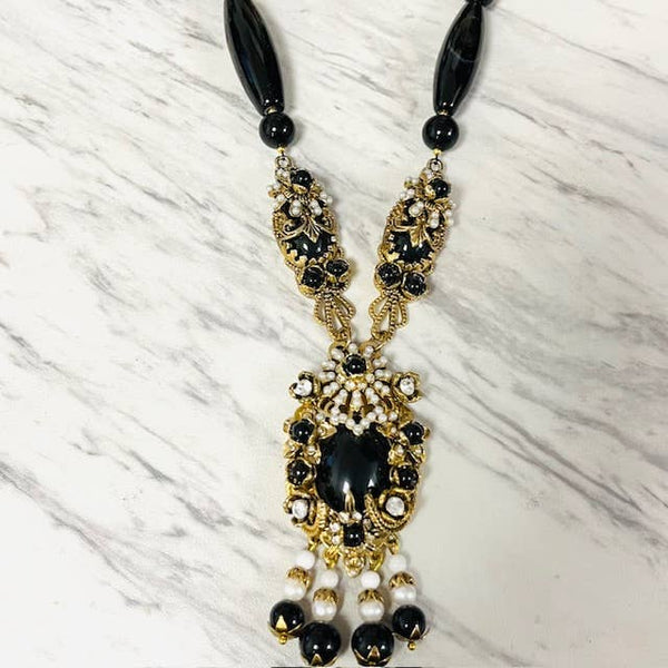 Black Agate with Vintage Style Filigree Pendant