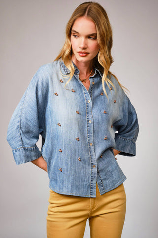 36901T - Hi-Low Pearl Embellished Chambray Top: MED WASH / L