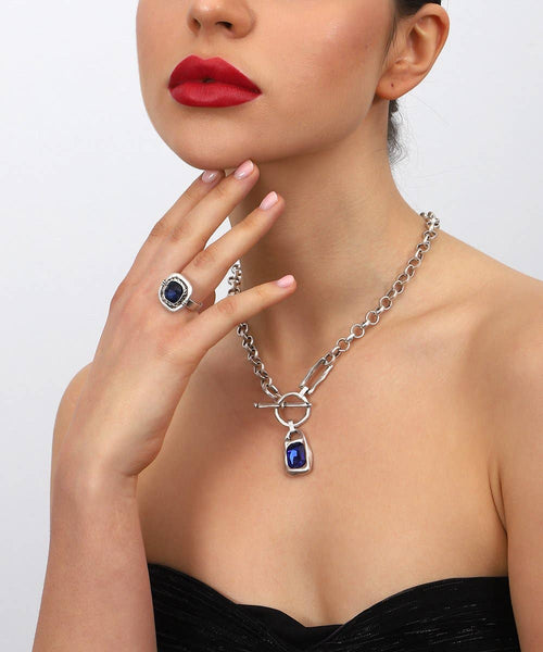 Blue Crystal Stone Pendant Chain Necklace & Earrings Set: Silver / Brass