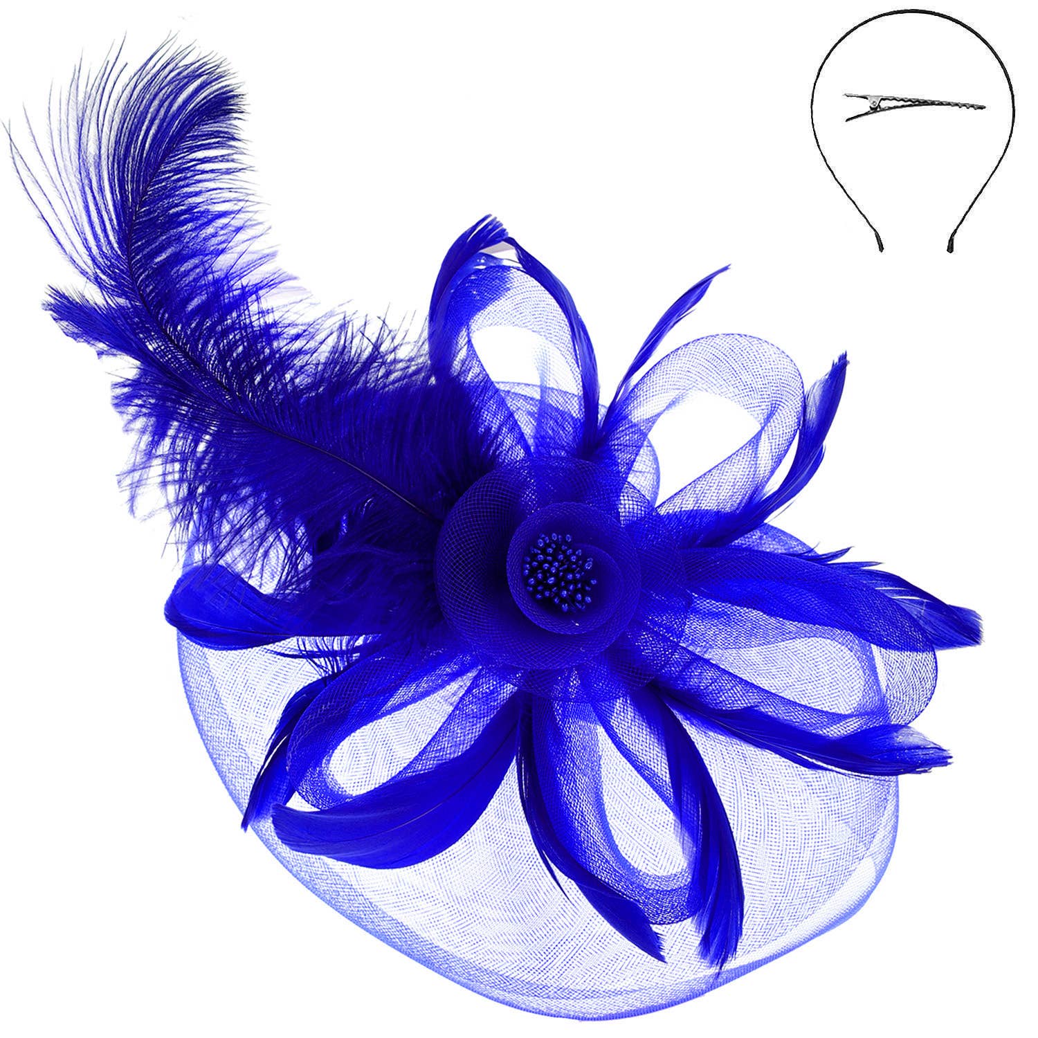 Debry Peacock Feather Rose Fascinator Headband : Royal Blue