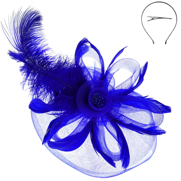 Debry Peacock Feather Rose Fascinator Headband : Royal Blue
