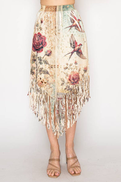 Boho Chic Laser-Cut Fringe Skirt With Handkerchief Hem - 4763BG VINT BIRD: VINTAGE BIRD / M
