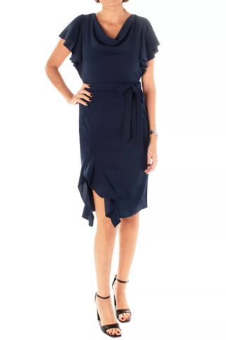 Navy Belted Short Sleeve Dress