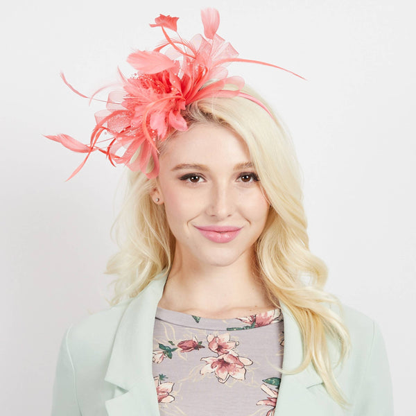 Floral Fascinator Headband w/ Side Loops & Feathers: White