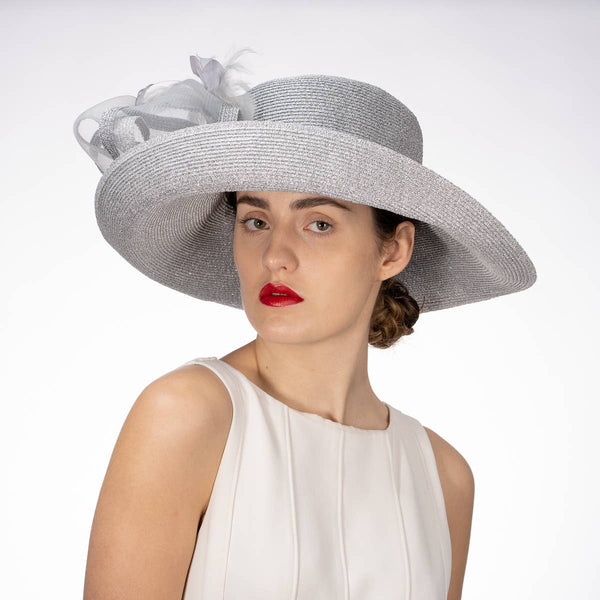 331744 Black Feather Bow Metallic Turn Up Hats: NAVY / Metallic