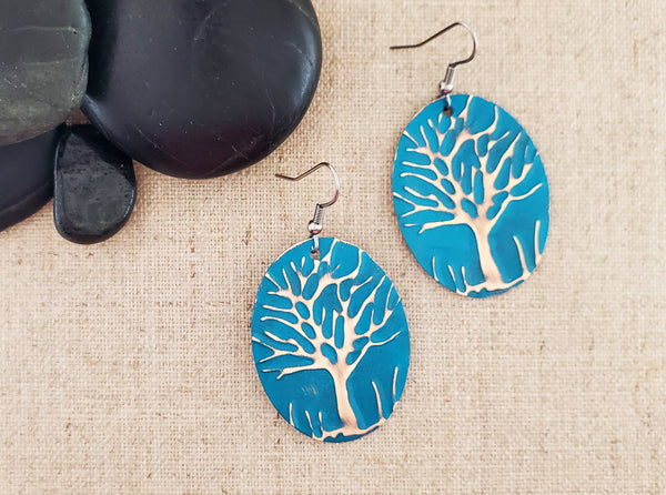 Large Oval Embossed Tree Paint Patina Earrings: Navy