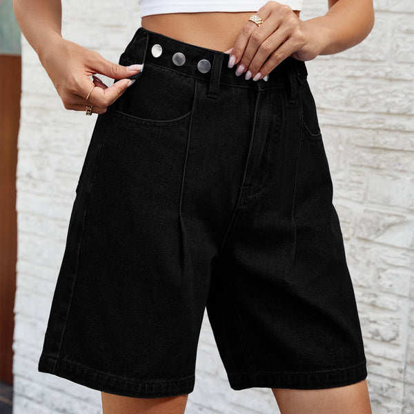 Denim High Waist Button Detail Shorts: Blue / S