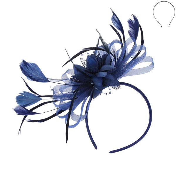 Floral Fascinator Headband w/ Side Loops & Feathers: White