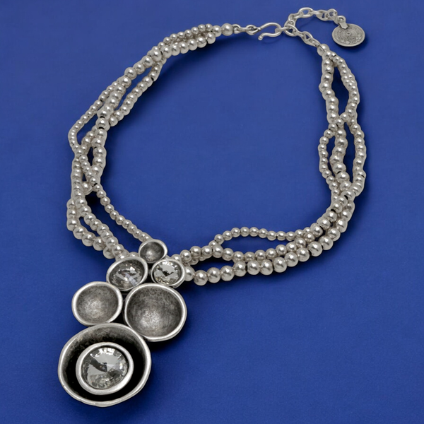 Multi Strand Pewter Necklace with Multi Disc Pendant