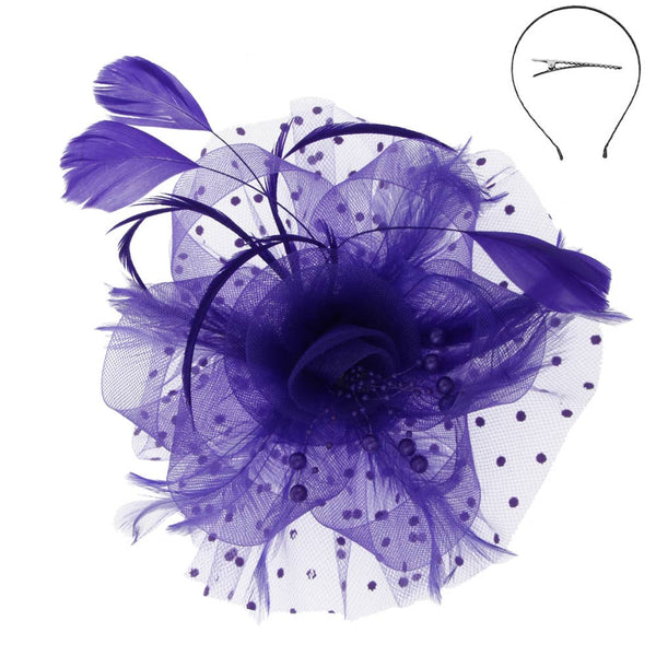 Organza Ribbon Flower Fascinator w/ Feathers & Dotted Mesh: White