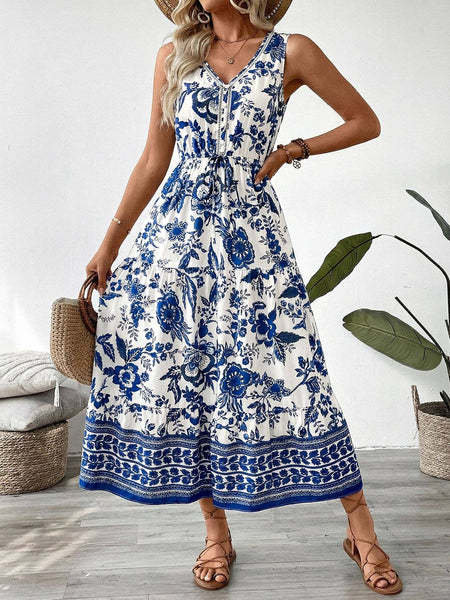 Floral V Neck Sleeveless Maxi Dress: Navy / M