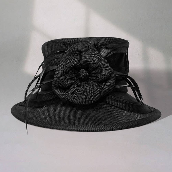 Flower Ribbon Feather Accented Sinamay Dressy Hat: Camel