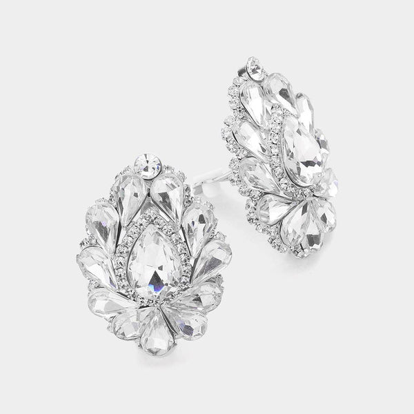 Teardrop Crystal Cluster Clip on Evening Earrings: Royal Blue
