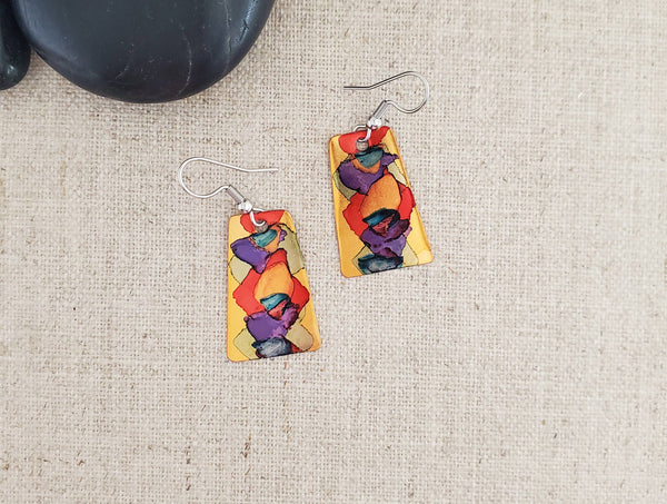 Alcohol Ink Small Trapezoid Earrings: Blue/Browns
