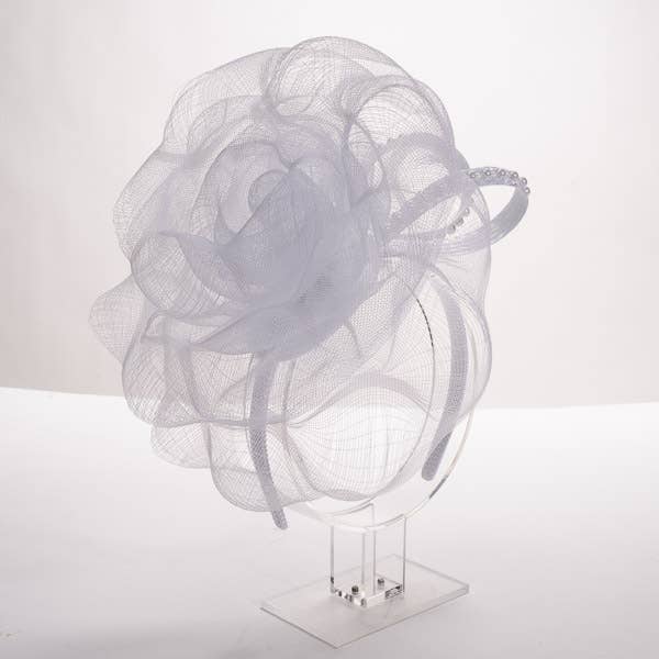 5876H Large Crinoline Rose Bow & Beaded Trim On Headband: IVORY