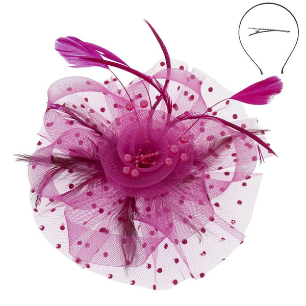 Organza Ribbon Flower Fascinator w/ Feathers & Dotted Mesh: White