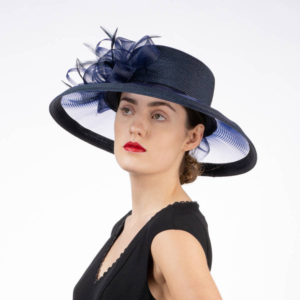 301886 Ribbon Bow Crinoline Brim Poly Straw Hats: PP / NAVY