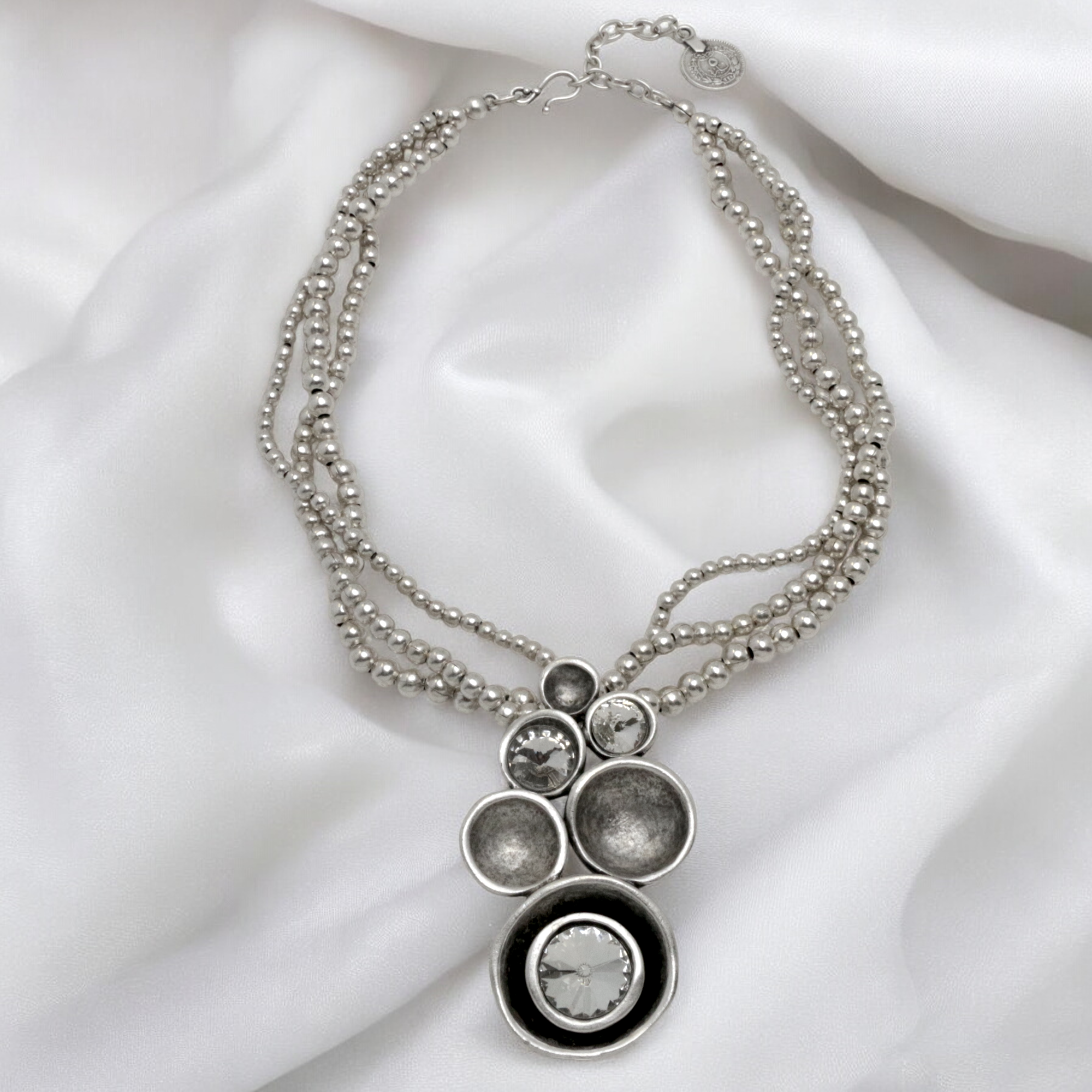 Multi Strand Pewter Necklace with Multi Disc Pendant
